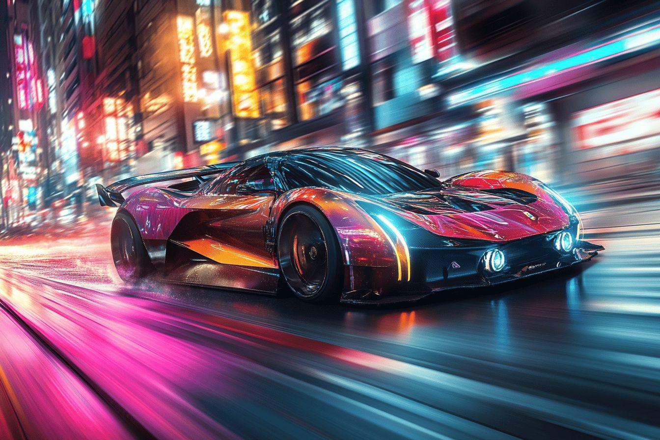 Voiture futuriste en mouvement avec lumières colorées urbaines