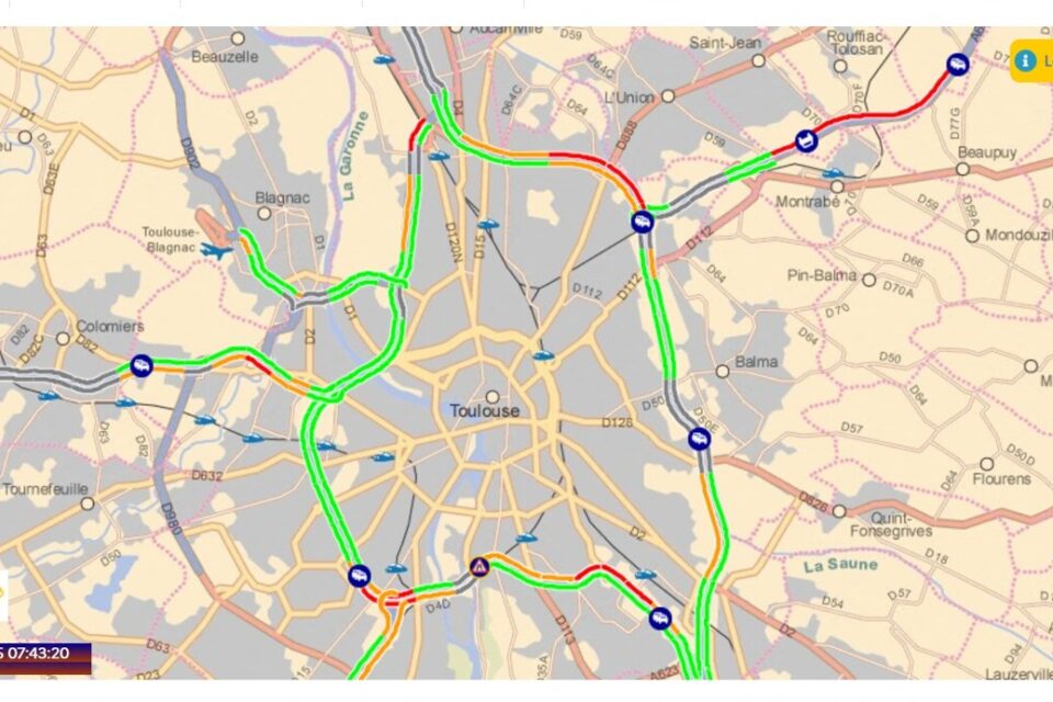 Voici l'état de la circulation à 7h40 dans l'agglo de Toulouse, selon Bison Futé
