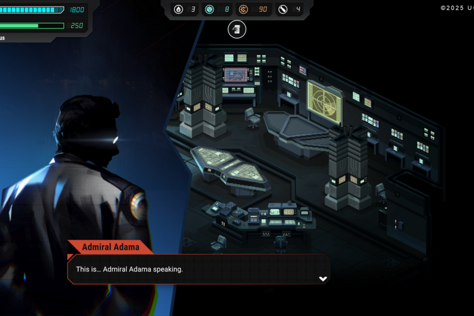 Image extraite du jeu, lors d'une scène de dialogue avec le célèbre commandant Adama.