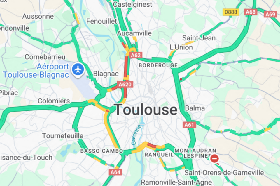 Des bouchons sont en cours, vendredi 12 septembre 2025, à l'ouest de Toulouse.