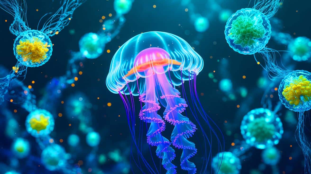Illustration de l'intégration de qubits biologiques fluorescents dans des cellules pour détecter des signaux magnétiques et électriques.