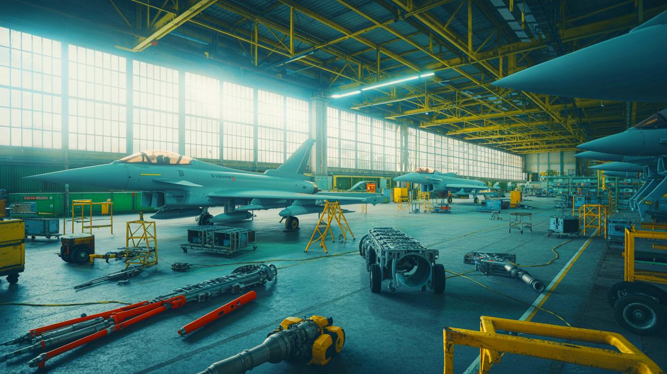 Illustration de l'arrêt de la production de l'Eurofighter Typhoon à l'usine de Warton au Royaume-Uni.