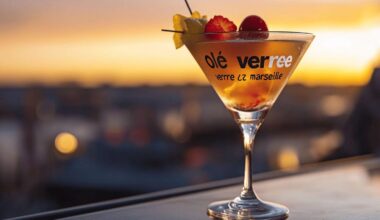 Verre de cocktail garni de fruits avec vue panoramique