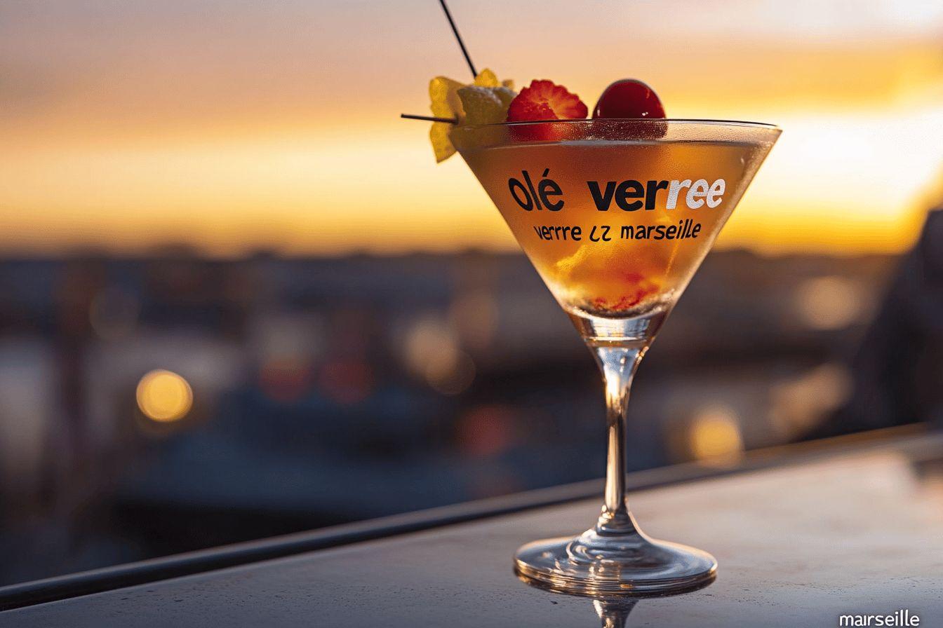 Verre de cocktail garni de fruits avec vue panoramique