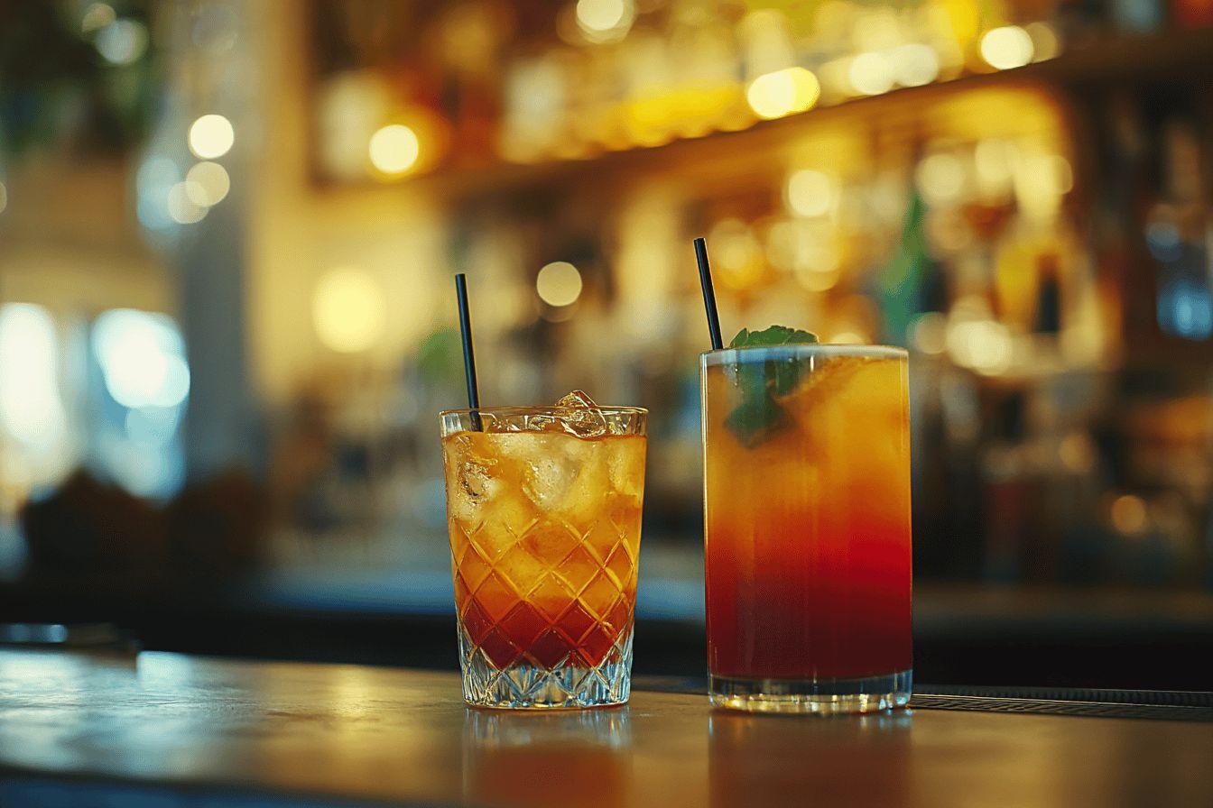 Deux verres de cocktails aux tons ambrés sur un comptoir de bar