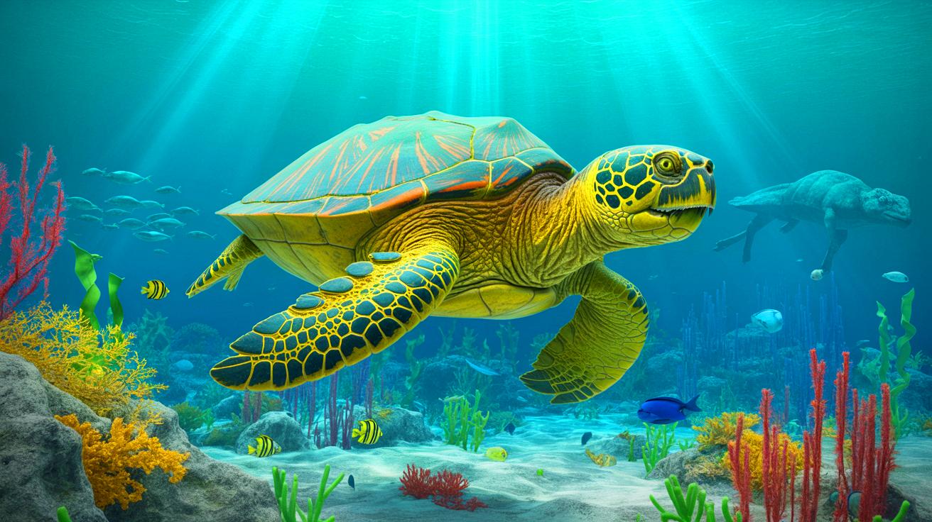 Illustration de la découverte d'une nouvelle espèce de tortue marine, Craspedochelys renzi, datant du Crétacé inférieur.