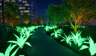 Illustration de plantes bioluminescentes inspirées d'Avatar illuminant un espace urbain.
