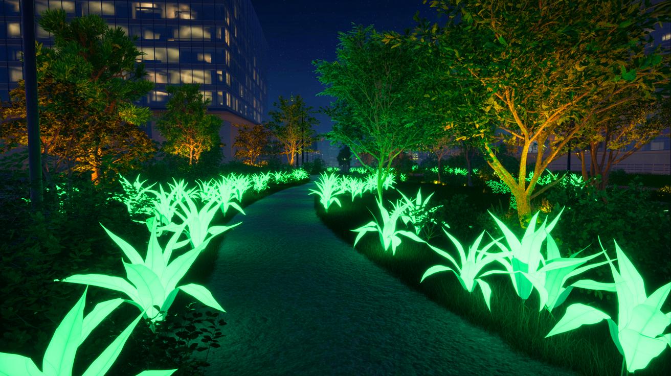 Illustration de plantes bioluminescentes inspirées d'Avatar illuminant un espace urbain.