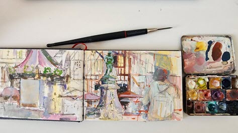 Dagmar Cyrulla peint à aussi à l’aquarelle. On reconnaît aisément la place du Bareuzai.  Photo J. M.