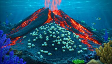 Illustration de la nurserie de raies blanches nichée sur un volcan sous-marin actif.