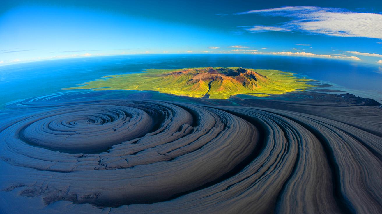 Illustration de spirales nuageuses au-dessus de Heard Island révélant les interactions entre vents puissants et relief volcanique.