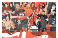 Dessin représentant une tribune du stade rennais avec, à côté des supporters, un groupe de hooligans néo-nazis