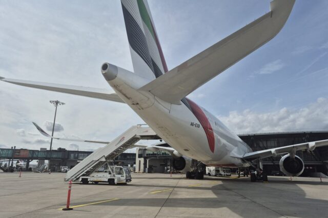 Le nouvel appareil A350 d’Emirates à l’aéroport de Lyon Saint-Exupéry. (© Medavprod/ actu Lyon)