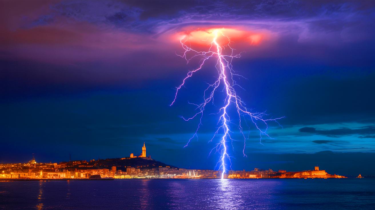 Illustration de l'éclair exceptionnel qui a frappé Marseille avec une intensité rare.