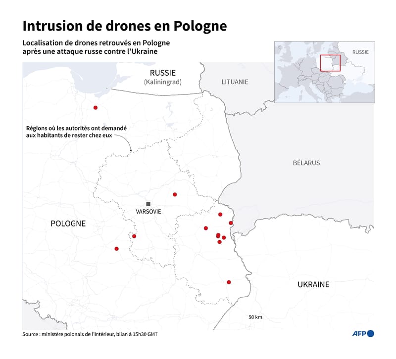 Carte localisant les drones retrouvés en Pologne après une attaque russe contre l'Ukraine