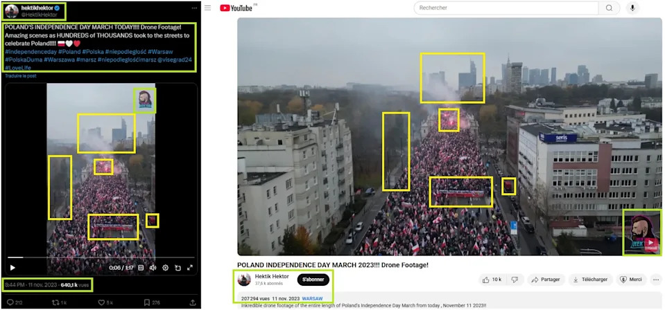 <span>Captures d'écran prises le 19/09/2025 sur X (à gauche) et sur YouTube (à droite). Encadrés jaunes et verts ajoutés par l'AFP.</span>