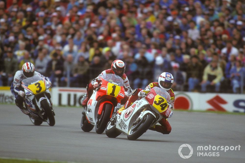 Les Grands Prix 500cc à l'époque de gloire des Américains et des Australiens, ici Kevin Schwantz, Wayne Rainey et Mick Doohan en 1991.