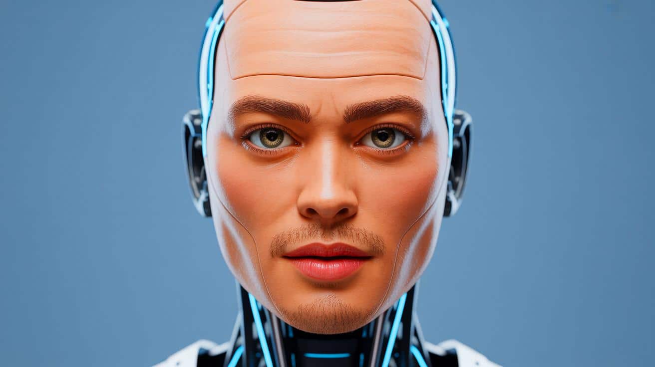 Illustration de la tête robotique humanoïde d'AheadForm exprimant des émotions réalistes.