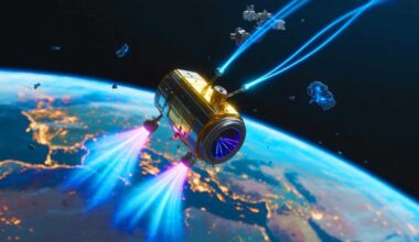 Illustration de la technologie de propulsion plasma développée pour nettoyer les débris spatiaux en orbite terrestre.
