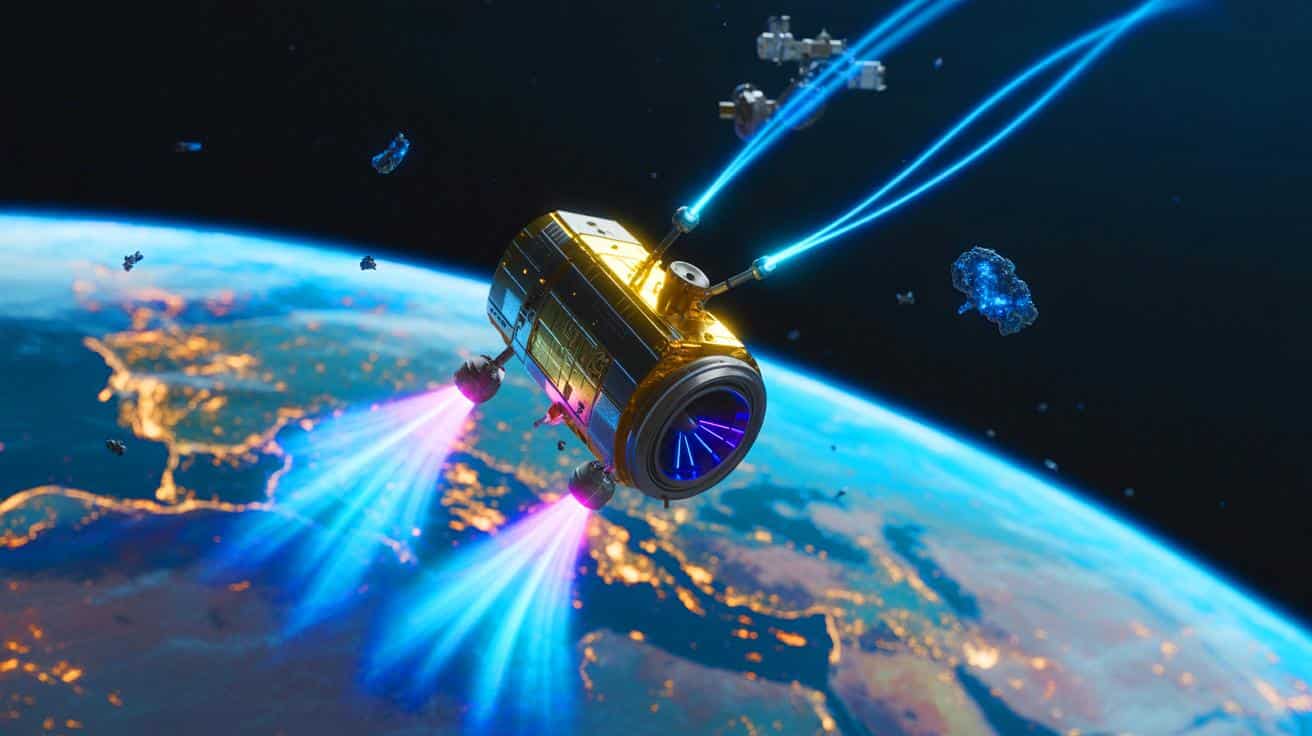 Illustration de la technologie de propulsion plasma développée pour nettoyer les débris spatiaux en orbite terrestre.