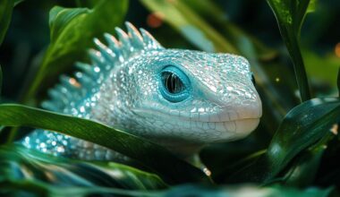 Gros plan sur un lézard bleu argenté parmi des feuilles vertes