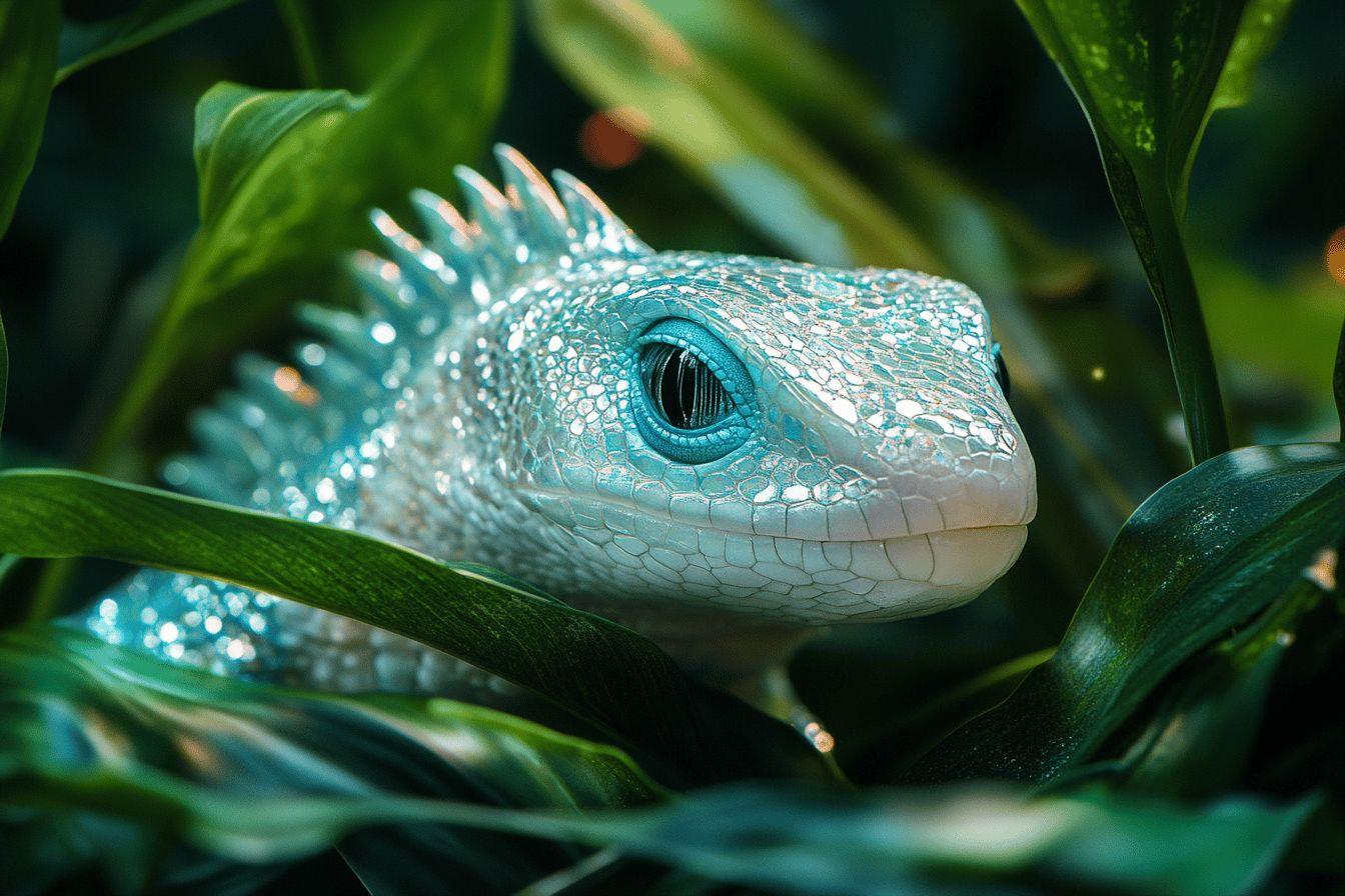 Gros plan sur un lézard bleu argenté parmi des feuilles vertes