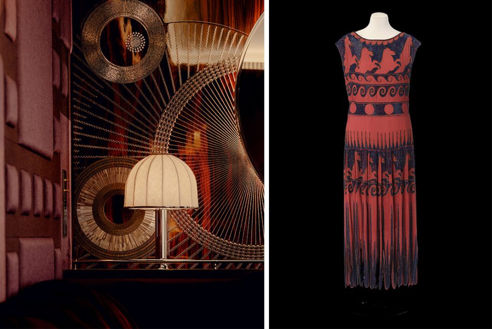 À gauche, vue de lampe Orient Express ; à droite , « Robe dite Petits chevaux ou Vase grec », Madeleine Vionnet, maison de couture — Marie-Louise Favot dite Yo, dessinatrice Michonnet, maison de broderie (hiver 1921)