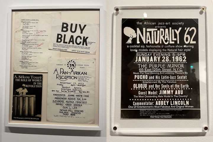 Des documents vus à l'exposition "Kwame Brathwaite : Black is Beautiful". A droite, l'affiche de l'évènement "Naturally 62" qui donna le coup d'envoi du mouvement Black is Beautiful, à Harlem (New York) en janvier 1962. (LAURE NARLIAN / FRANCEINFO CULTURE)