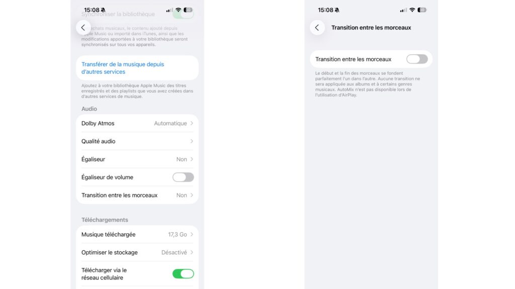 Pour désactiver AutoMix, c'est simple comme bonjour // Source : Capture d'écran iOS 26