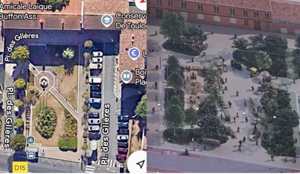 En images, les deux vues aériennes de la place, maintenant et rénovées avec un ratio de végétation maintenu. 