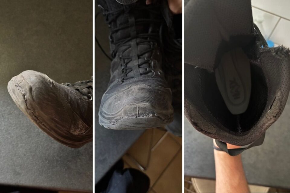 Huit mois après sa commande sur Uniforces, Marc n'a toujours pas reçu ses rangers. Le gendarme a dû recoller six fois sa paire trouée !