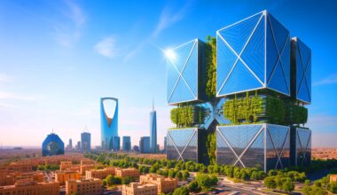 Illustration de la conception novatrice du Mukaab, futur gratte-ciel monumental de Riyad, fusionnant tradition et modernité.