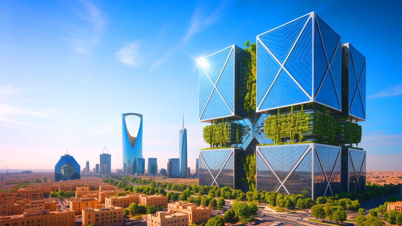 Illustration de la conception novatrice du Mukaab, futur gratte-ciel monumental de Riyad, fusionnant tradition et modernité.