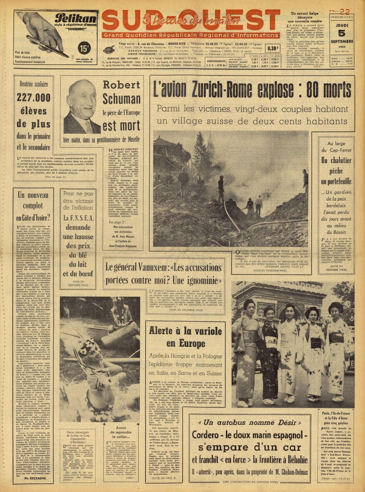 Robert Schuman, le père de l’Europe, est mort la veille à 77 ans dans sa maison de Moselle.