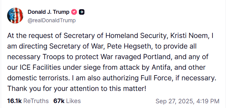 Donald Trump ordonne le déploiement de l'armée à Portland, le 27 septembre 2025 - Truth Social