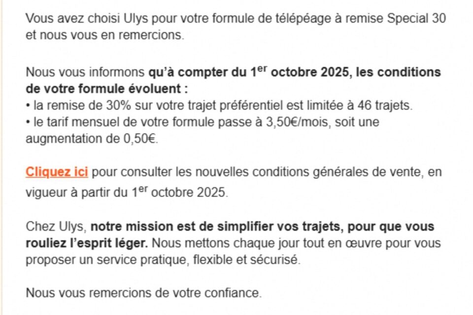 Le mail en question reçu par un abonné Ulys.