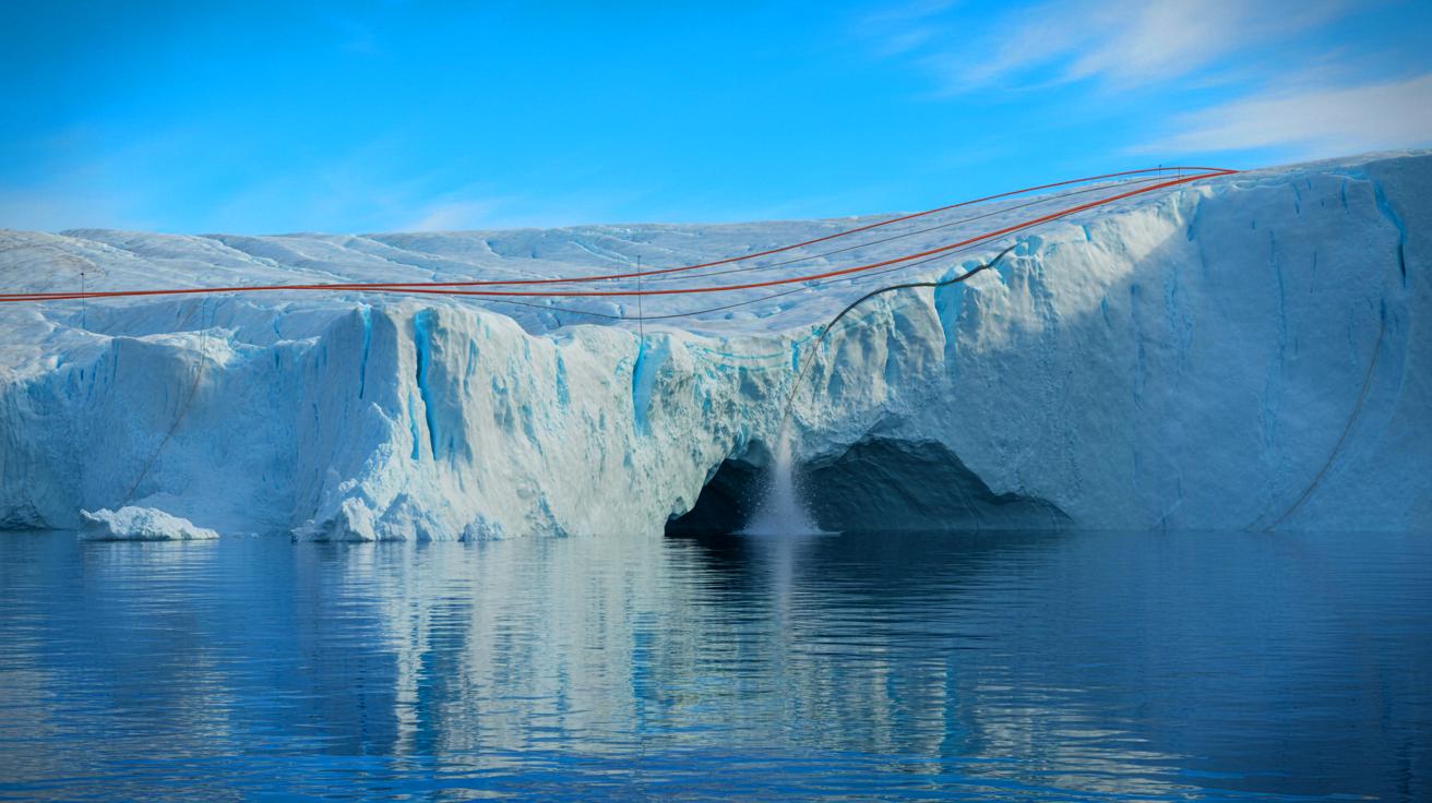 Illustration de la surveillance des glaciers du Groenland grâce à des câbles en fibre optique innovants.