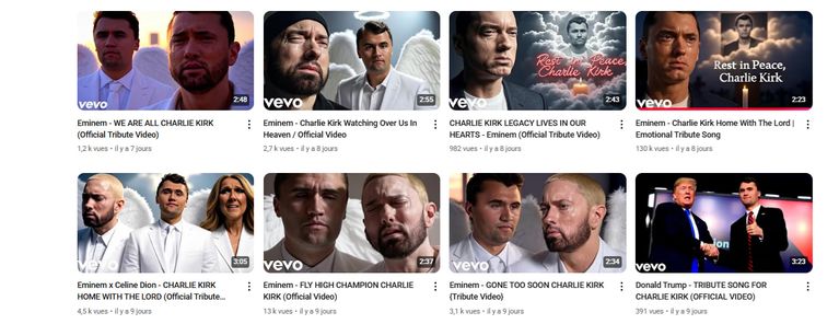 Aperçu des vidéos d'un compte YouTube générant de fausses musiques d'Eminem en hommage à Charlie Kirk. - YouTube
