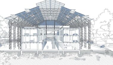 la halle «Eiffel» nouvel emblème de la rive droite d'Arles, un dessin d'Elia Mequies de l'Ensa Paris Val-de-Seine, sous la direction de Marie-Hélène Badia et Bruno Tonfoni