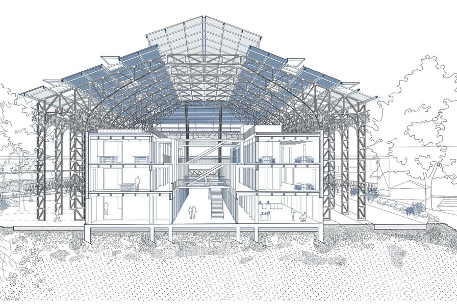 la halle «Eiffel» nouvel emblème de la rive droite d'Arles, un dessin d'Elia Mequies de l'Ensa Paris Val-de-Seine, sous la direction de Marie-Hélène Badia et Bruno Tonfoni
