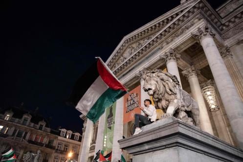 Un manifestant brandit un drapeau palestinien à Bruxelles, le 2 octobre 2025.
