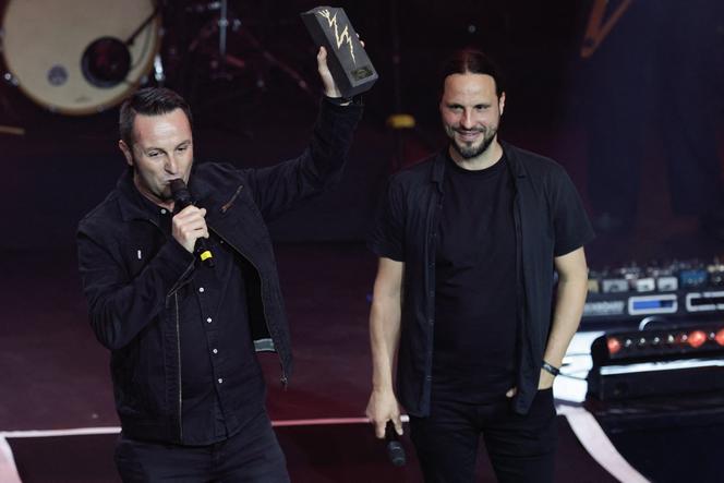 Les membres du groupe Gojira, le bassiste Jean-Michel Labadie (à gauche) et le guitariste Christian Andreu, lors de la cérémonie des Foudres au Bataclan à Paris, le 9 octobre 2025.