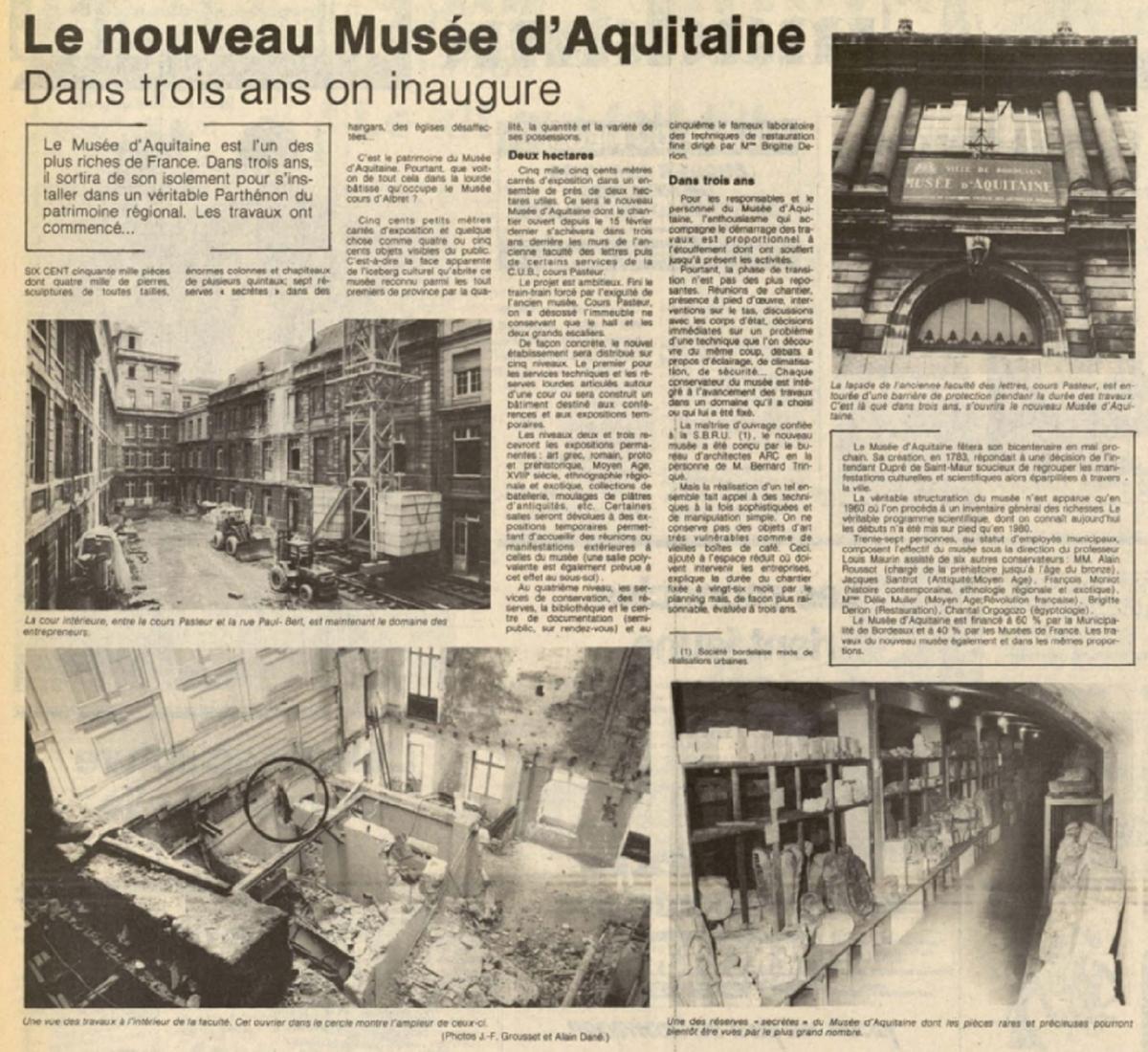 L’article de « Sud Ouest » faisant l’état des lieux des travaux au musée d’Aquitaine, le 6 avril 1983.