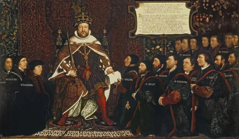 Henri VIII, couronne sur la tête, remet une charte à Thomas Vicary, commémorant l'union des guildes des barbiers et des chirurgiens., 1541 (huile sur panneau par Holbein the Younger, Hans (1497/8-1543) .