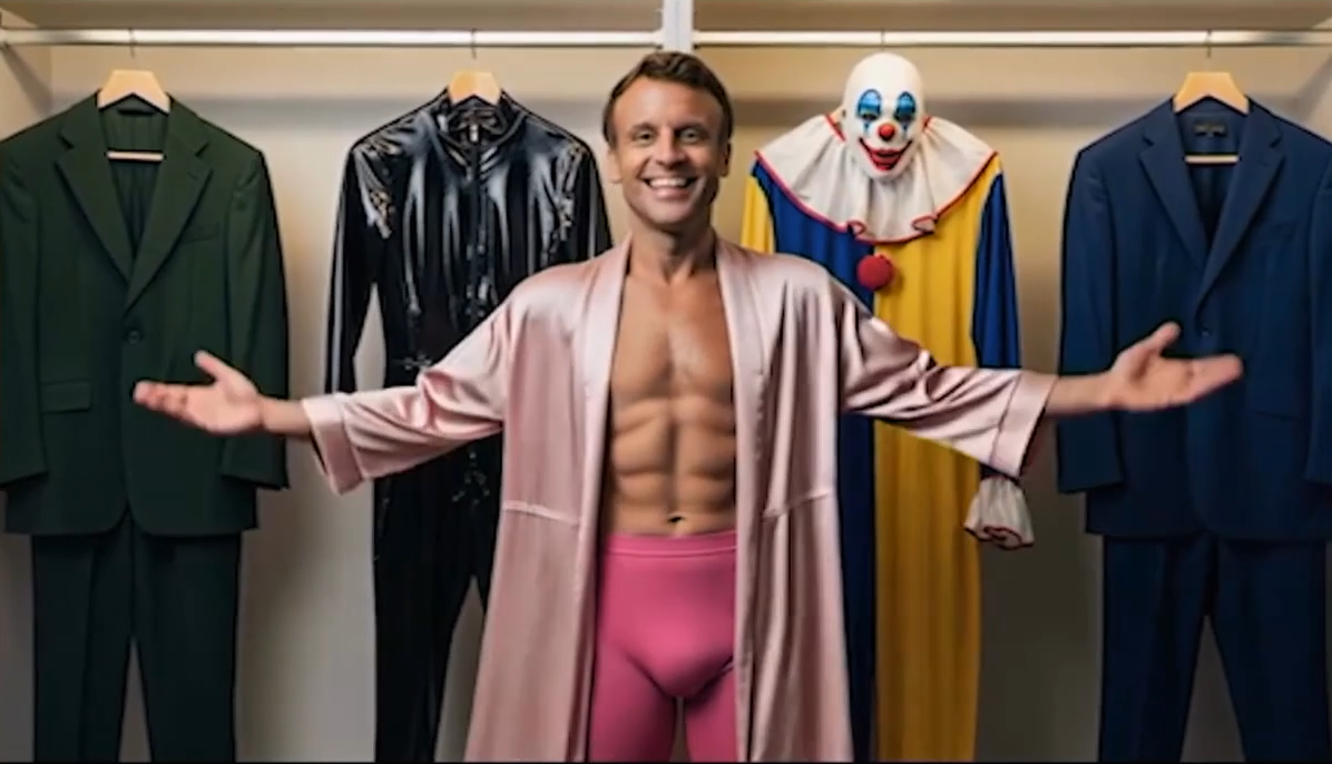 Personne dans une robe en satin rose devant des costumes, un combinaison en cuir et un déguisement de clown, pour l’émission satire russe IA Politukladchik.