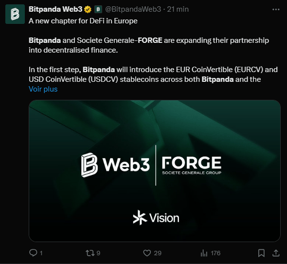 La collaboration entre l'exchange autrichien de cryptomonnaies Bitpanda et la filiale de la Société Générale, SG-FORGE, franchit une étape décisive. Pour la première fois, les stablecoins régulés EUR CoinVertible (EURCV) et USD CoinVertible (USDCV) sont offerts aux utilisateurs particuliers en Europe. Ce partenariat ne se limite pas à la simple distribution, il jette les bases d'une finance décentralisée (DeFi) conforme à la réglementation, en proposant un pont stable et sécurisé entre la finance traditionnelle et le Web3.