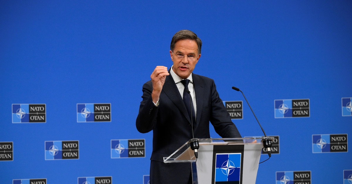 Le secrétaire général de l'Otan Mark Rutte donne une conférence de presse, le 23 septembre 2025 à Bruxelles
