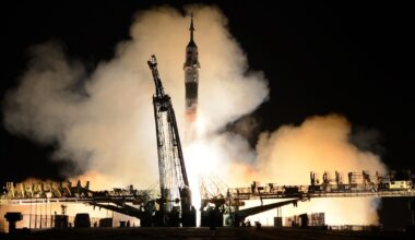 Lancement du vaisseau russe Soyouz le 26 mars 2014 depuis la base de Baïkonour au Kazakhstan