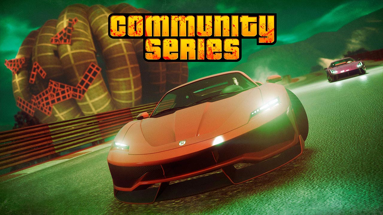 Image d'une voiture Grotti Furia participant à une course créée par la communauté de GTA Online, en arrière plan, des éléments de décor de l'activité ont été utilisés pour recréer une citrouille géante.
