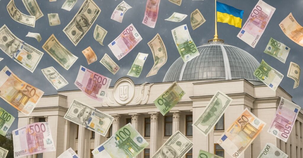 Devant le Parlement ukrainien surmonté du drapeau national, des billets d’euros et de dollars tombent du ciel, symbolisant la corruption politique et le détournement de fonds publics au cœur de la guerre d’usure entre l’Ukraine et la Russie.